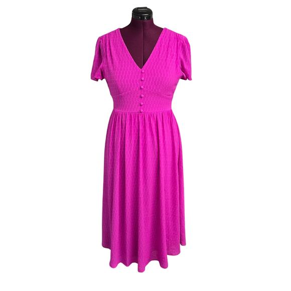 Women's DKNY Pink Short Sleeve Textured V-Neck Midi Dress | Size 8 - Picture 1 of 12